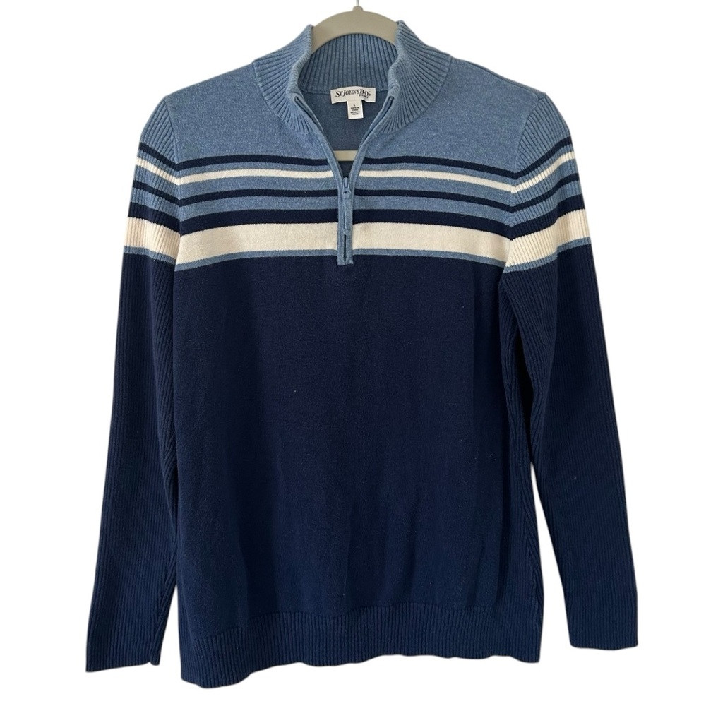 Navy Vintage St. John’s Bay Quarter Zip Sweater Stripe Design Women’s Size Large